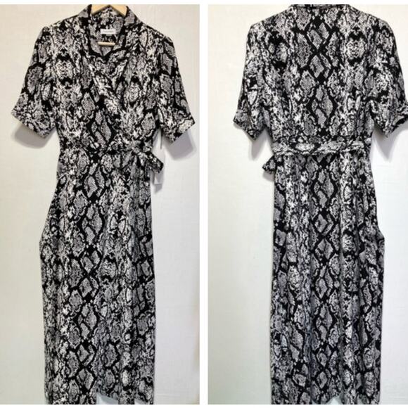 CALVIN KLEIN Python Print Wrap Maxi Dress Snakeskin Black White {3U31} - Picture 3 of 3